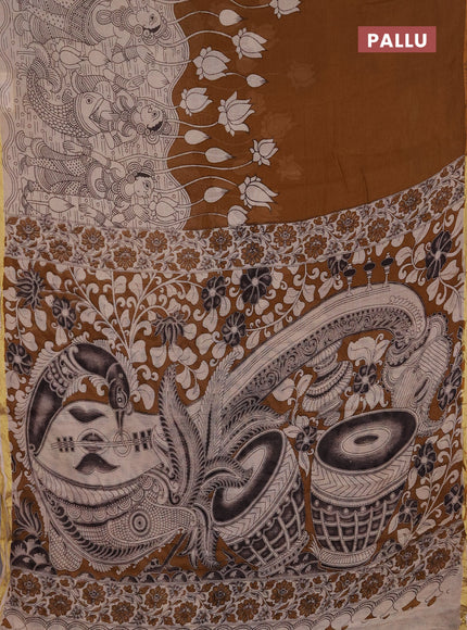 Kota kalamkari cotton saree dark mustard and beige with allover prints and piping border
