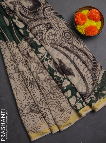 Kota kalamkari cotton saree bottle green and beige with allover prints and piping border