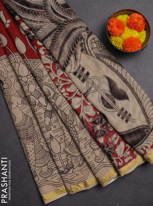 Kota kalamkari cotton saree maroon and beige with allover prints and piping border