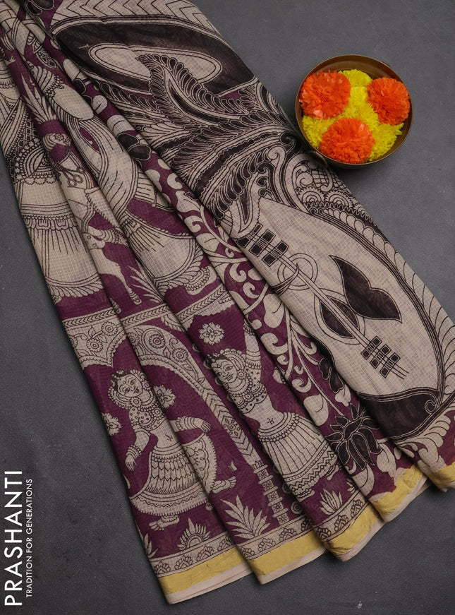 Kota kalamkari cotton saree lavender and beige with allover prints and piping border