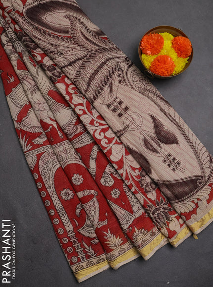 Kota kalamkari cotton saree maroon and beige with allover prints and piping border