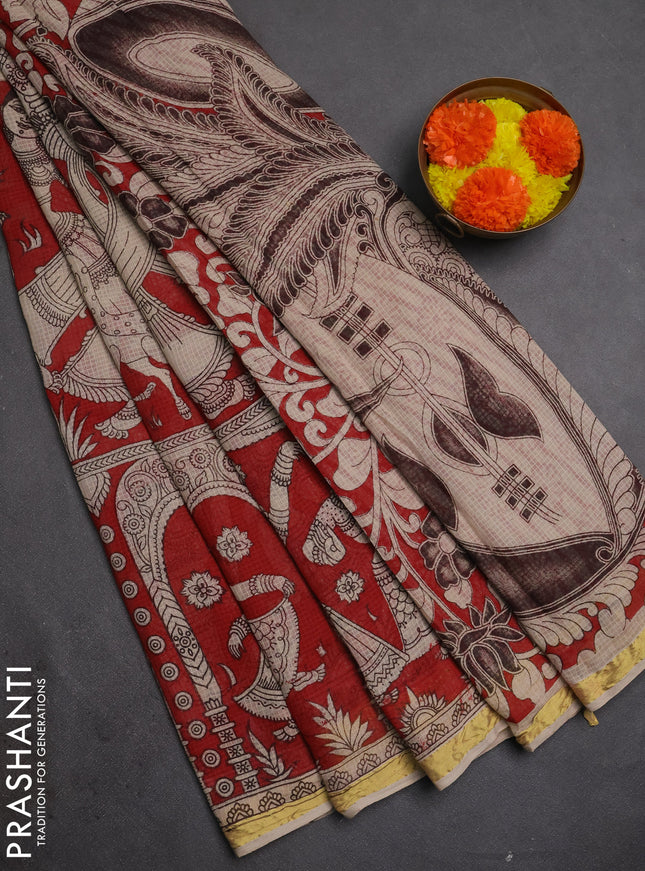 Kota kalamkari cotton saree maroon and beige with allover prints and piping border