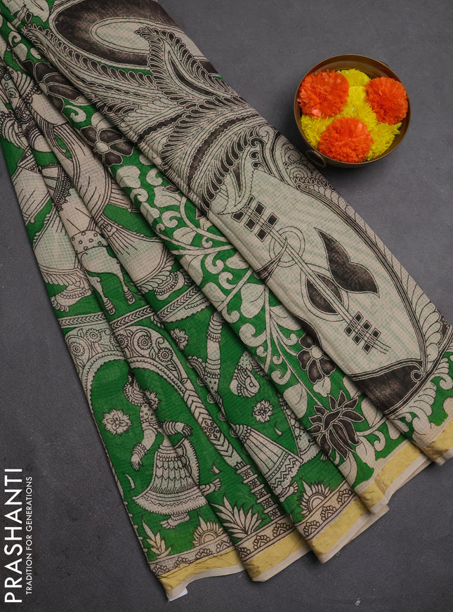 Kota kalamkari cotton saree light green and beige with allover prints and piping border