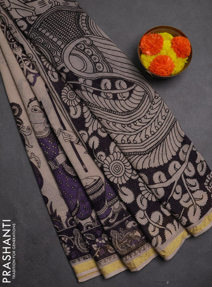 Kota kalamkari cotton saree beige and lavender with allover prints and piping border