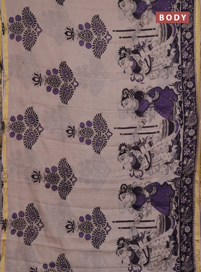 Kota kalamkari cotton saree beige and lavender with allover prints and piping border