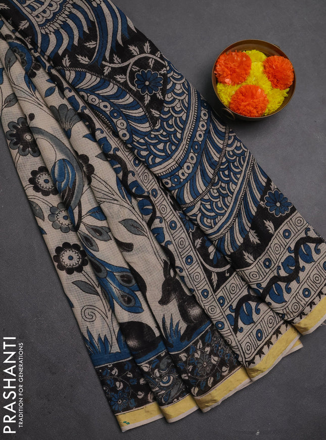Kota kalamkari cotton saree beige and black with allover prints and piping border