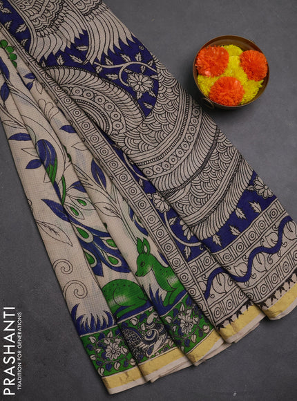 Kota kalamkari cotton saree beige and green with allover prints and piping border