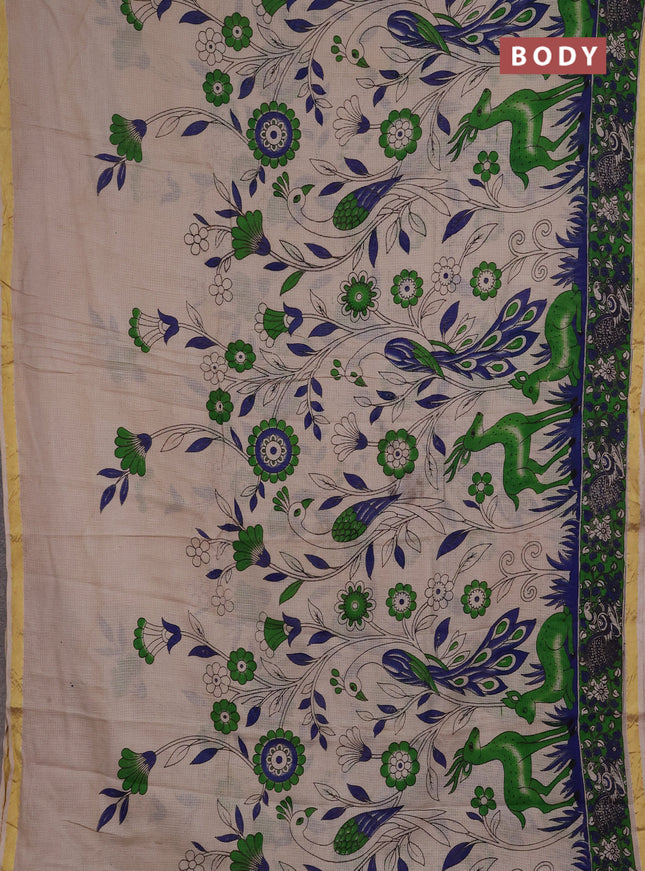 Kota kalamkari cotton saree beige and green with allover prints and piping border