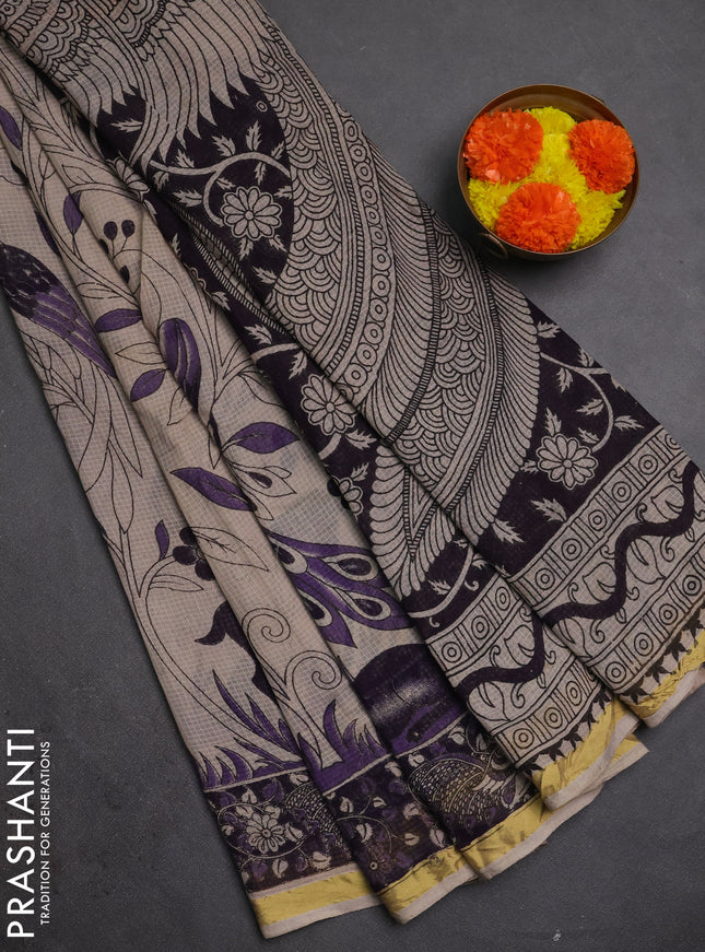 Kota kalamkari cotton saree beige and lavender with allover prints and piping border