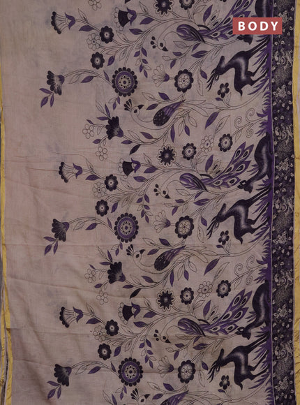 Kota kalamkari cotton saree beige and lavender with allover prints and piping border