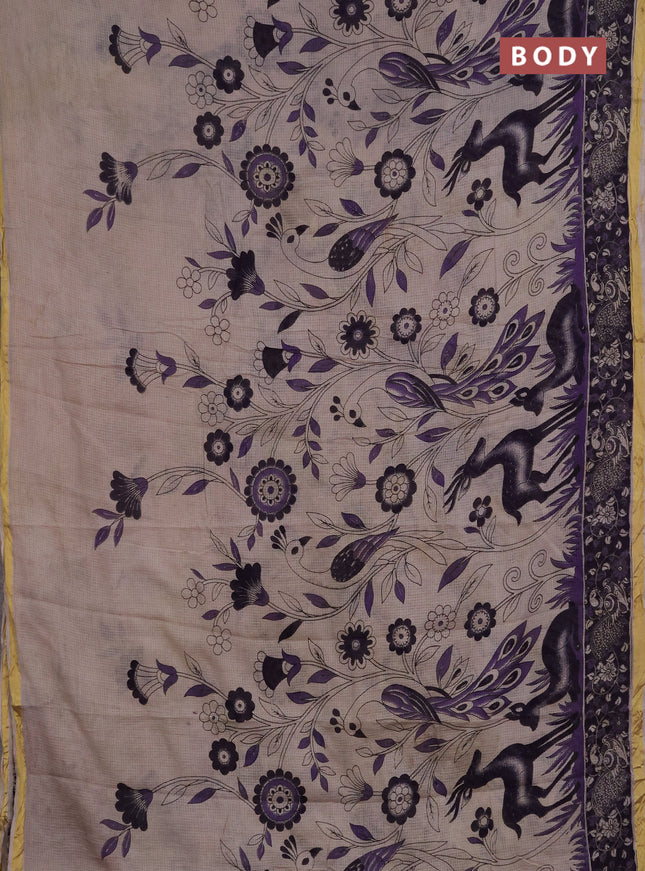 Kota kalamkari cotton saree beige and lavender with allover prints and piping border