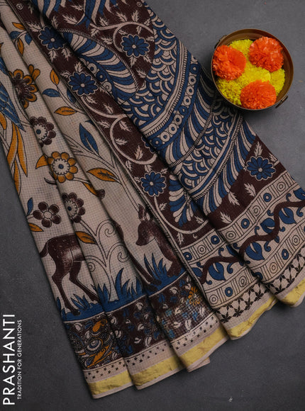 Kota kalamkari cotton saree beige and coffee brown with allover prints and piping border