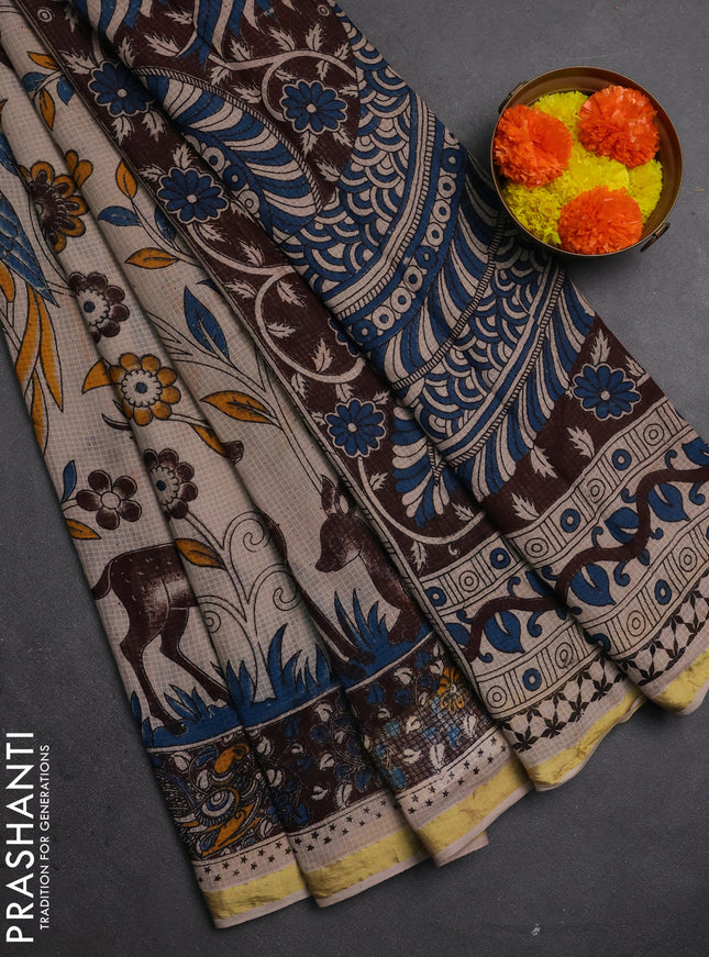 Kota kalamkari cotton saree beige and coffee brown with allover prints and piping border