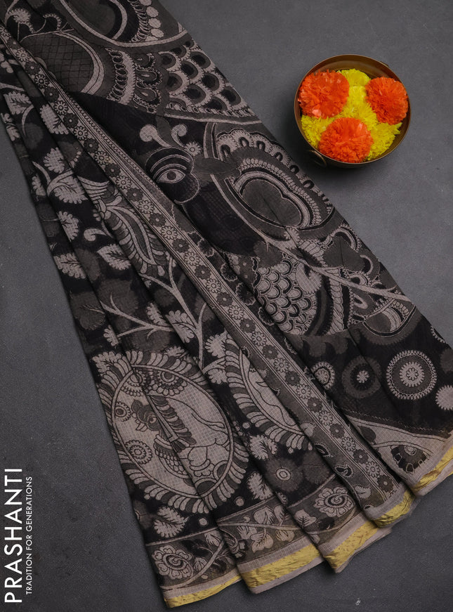 Kota kalamkari cotton saree black and beige with allover prints and piping border