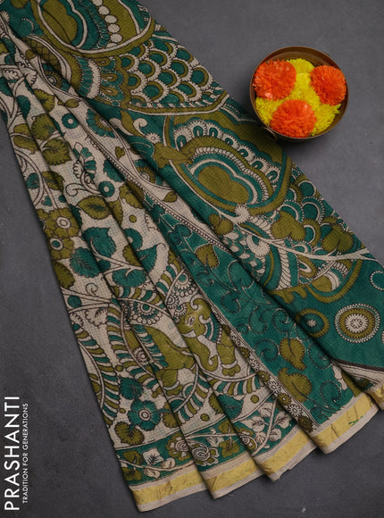 Kota kalamkari cotton saree teal green and mehendi green with allover prints and piping border