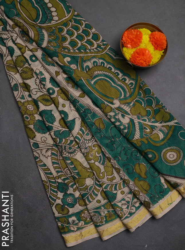 Kota kalamkari cotton saree teal green and mehendi green with allover prints and piping border