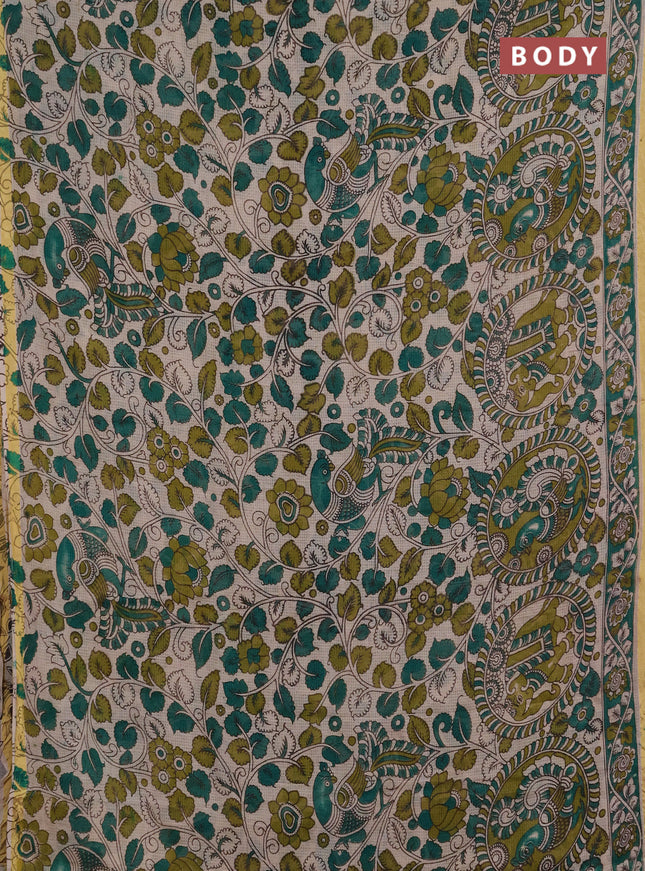 Kota kalamkari cotton saree teal green and mehendi green with allover prints and piping border