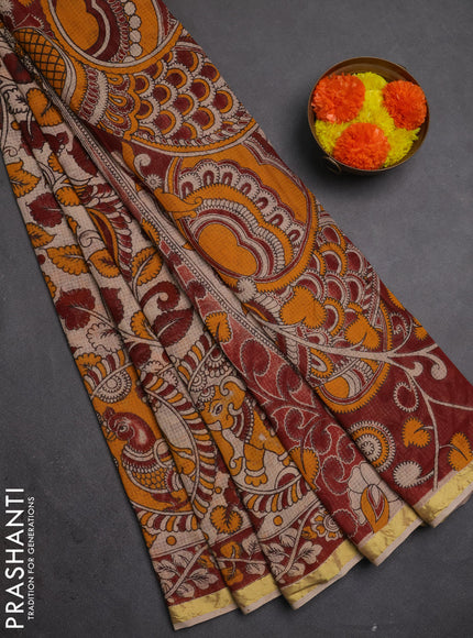 Kota kalamkari cotton saree mustard yellow and beige with allover prints and piping border
