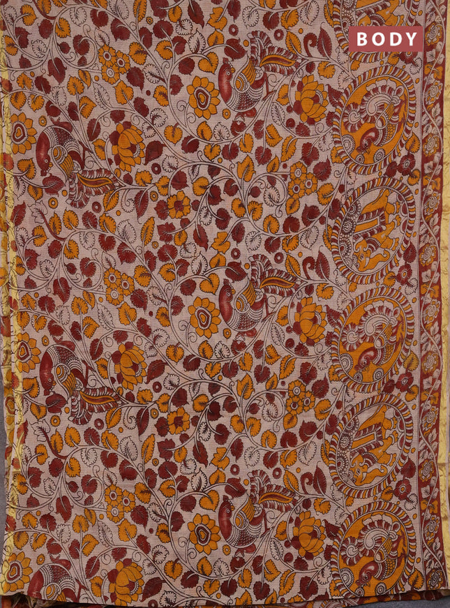 Kota kalamkari cotton saree mustard yellow and beige with allover prints and piping border