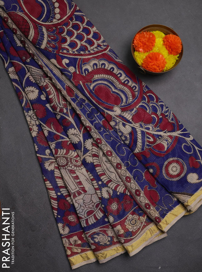 Kota kalamkari cotton saree blue and pink with allover prints and piping border