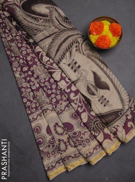 Kota kalamkari cotton saree purple and beige with allover prints and piping border