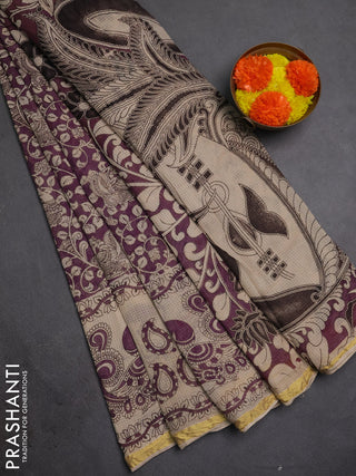 Kota kalamkari cotton saree purple and beige with allover prints and piping border
