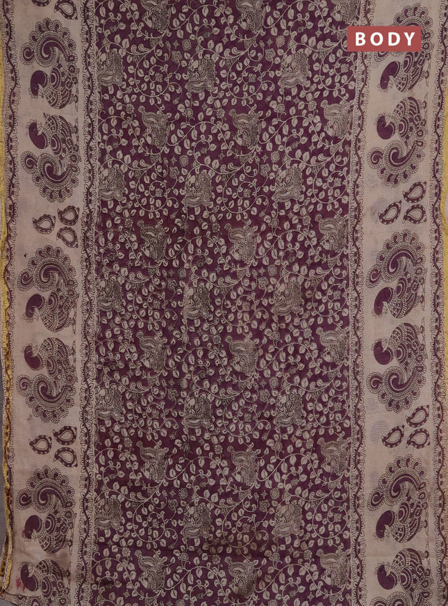 Kota kalamkari cotton saree purple and beige with allover prints and piping border