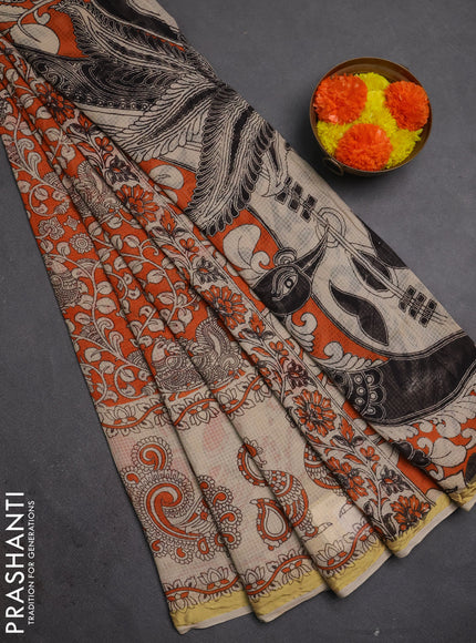 Kota kalamkari cotton saree orange and beige with allover prints and piping border