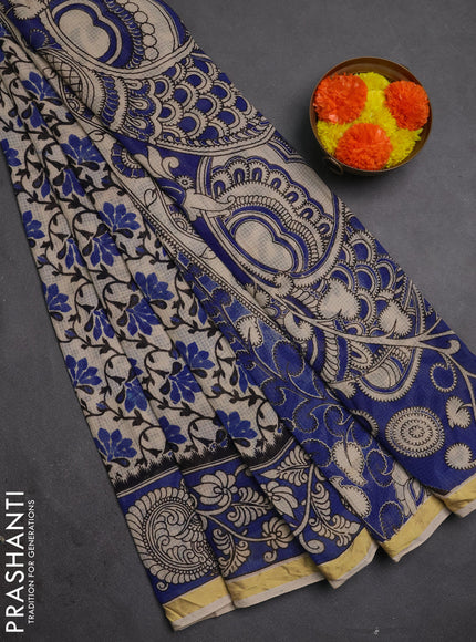 Kota kalamkari cotton saree beige and blue with allover prints and piping border