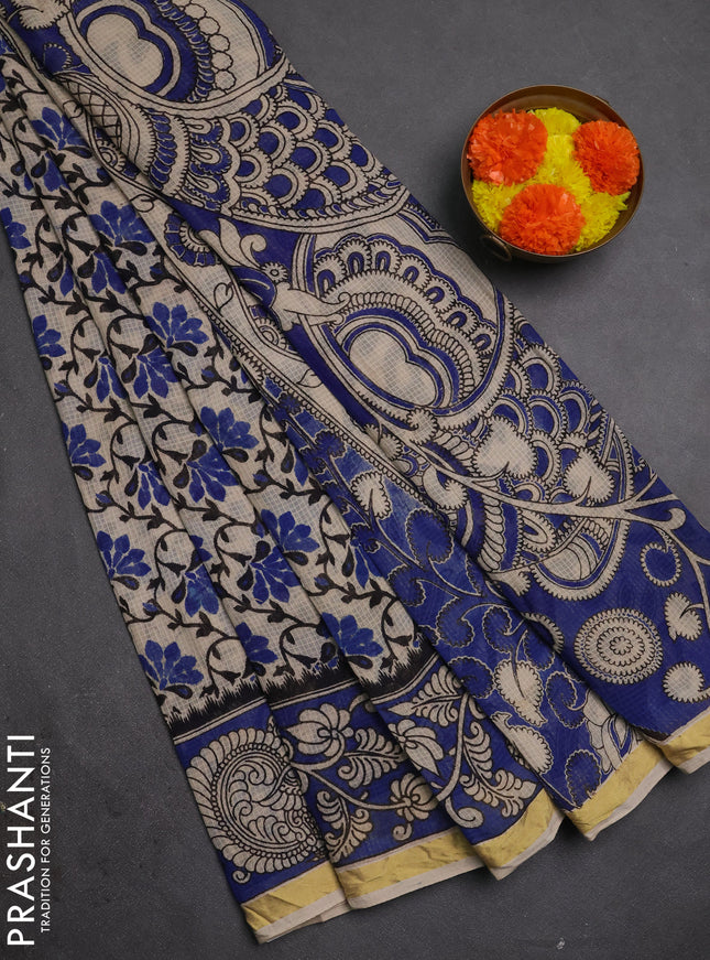 Kota kalamkari cotton saree beige and blue with allover prints and piping border