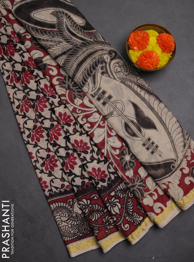 Kota kalamkari cotton saree beige and wine shade with allover prints and piping border