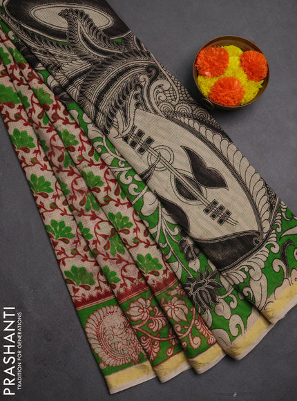 Kota kalamkari cotton saree beige and green with allover prints and piping border