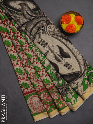 Kota kalamkari cotton saree beige and green with allover prints and piping border