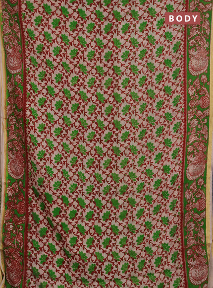 Kota kalamkari cotton saree beige and green with allover prints and piping border