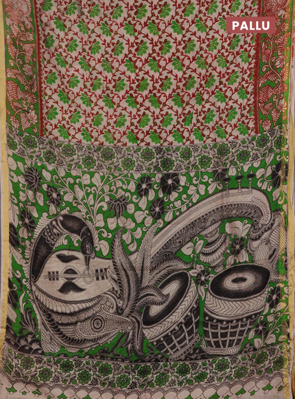 Kota kalamkari cotton saree beige and green with allover prints and piping border