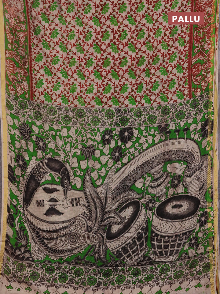 Kota kalamkari cotton saree beige and green with allover prints and piping border