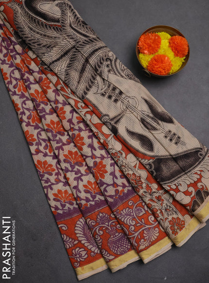 Kota kalamkari cotton saree purple beige and orange with allover prints and piping border