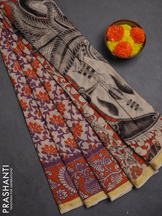 Kota kalamkari cotton saree purple beige and orange with allover prints and piping border