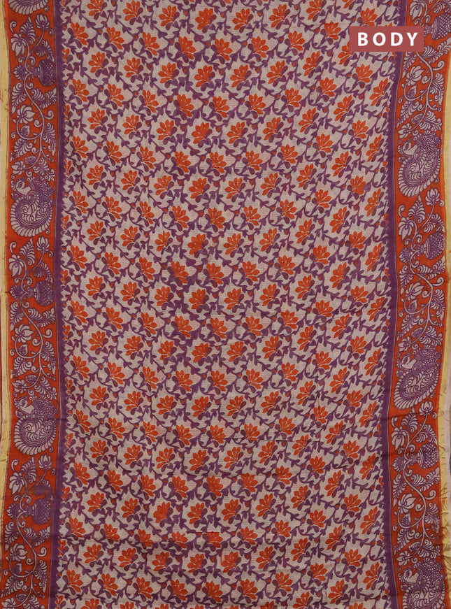 Kota kalamkari cotton saree purple beige and orange with allover prints and piping border
