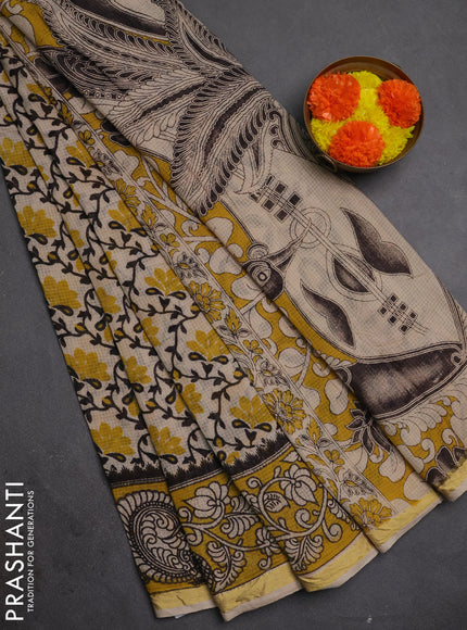 Kota kalamkari cotton saree beige and mustard yellow with allover prints and piping border