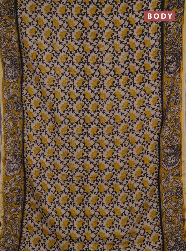 Kota kalamkari cotton saree beige and mustard yellow with allover prints and piping border