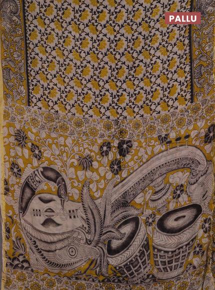 Kota kalamkari cotton saree beige and mustard yellow with allover prints and piping border