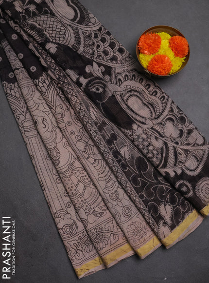 Kota kalamkari cotton saree black and rosy brown with allover prints and piping border