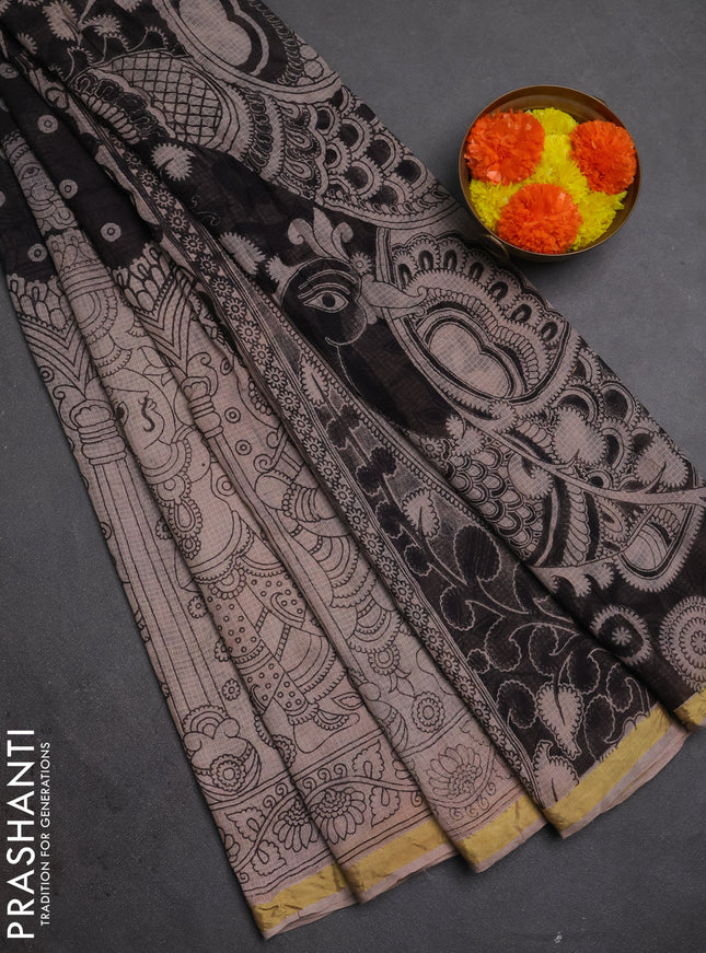 Kota kalamkari cotton saree black and rosy brown with allover prints and piping border