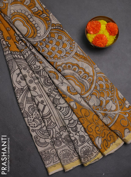 Kota kalamkari cotton saree mustard yellow and beige with allover prints and piping border