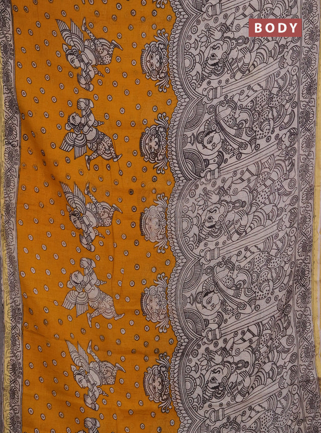 Kota kalamkari cotton saree mustard yellow and beige with allover prints and piping border