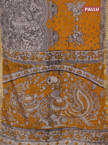 Kota kalamkari cotton saree mustard yellow and beige with allover prints and piping border