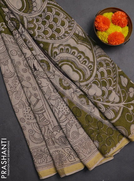Kota kalamkari cotton saree olive green and beige with allover prints and piping border