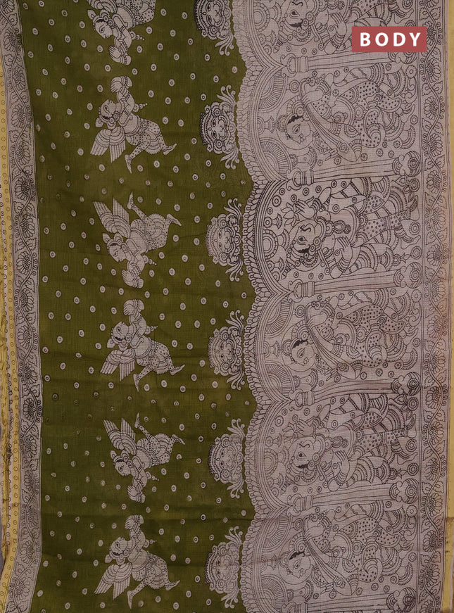 Kota kalamkari cotton saree olive green and beige with allover prints and piping border