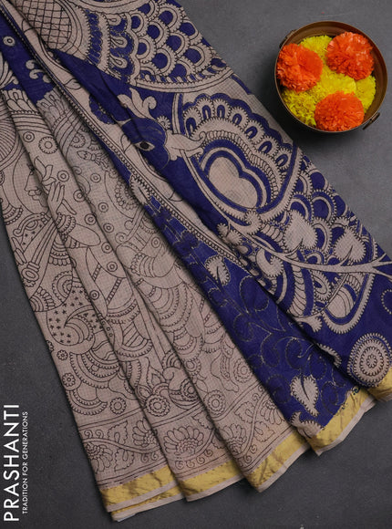 Kota kalamkari cotton saree blue and beige with allover prints and piping border